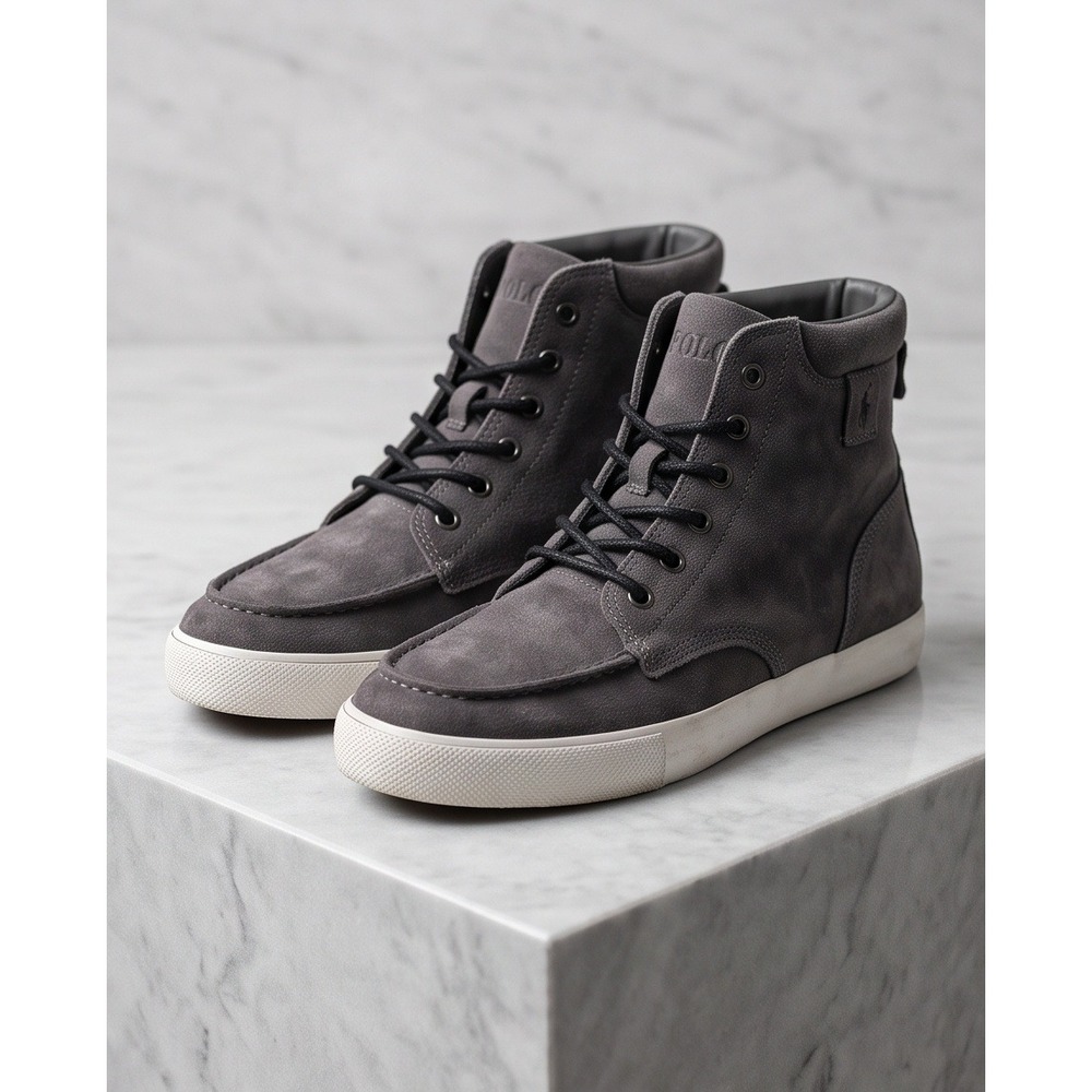 Polo Ralph Lauren Vintage 9.5D Tedd Calf Suede High Top Sneakers Grey *Cracking*